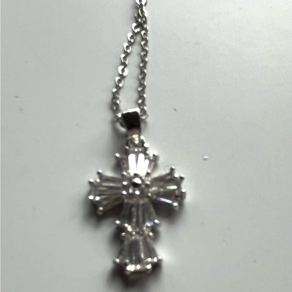 Silver cubic zirconia Cross Pendant Necklace with baguette gems - Picture 3 of 5